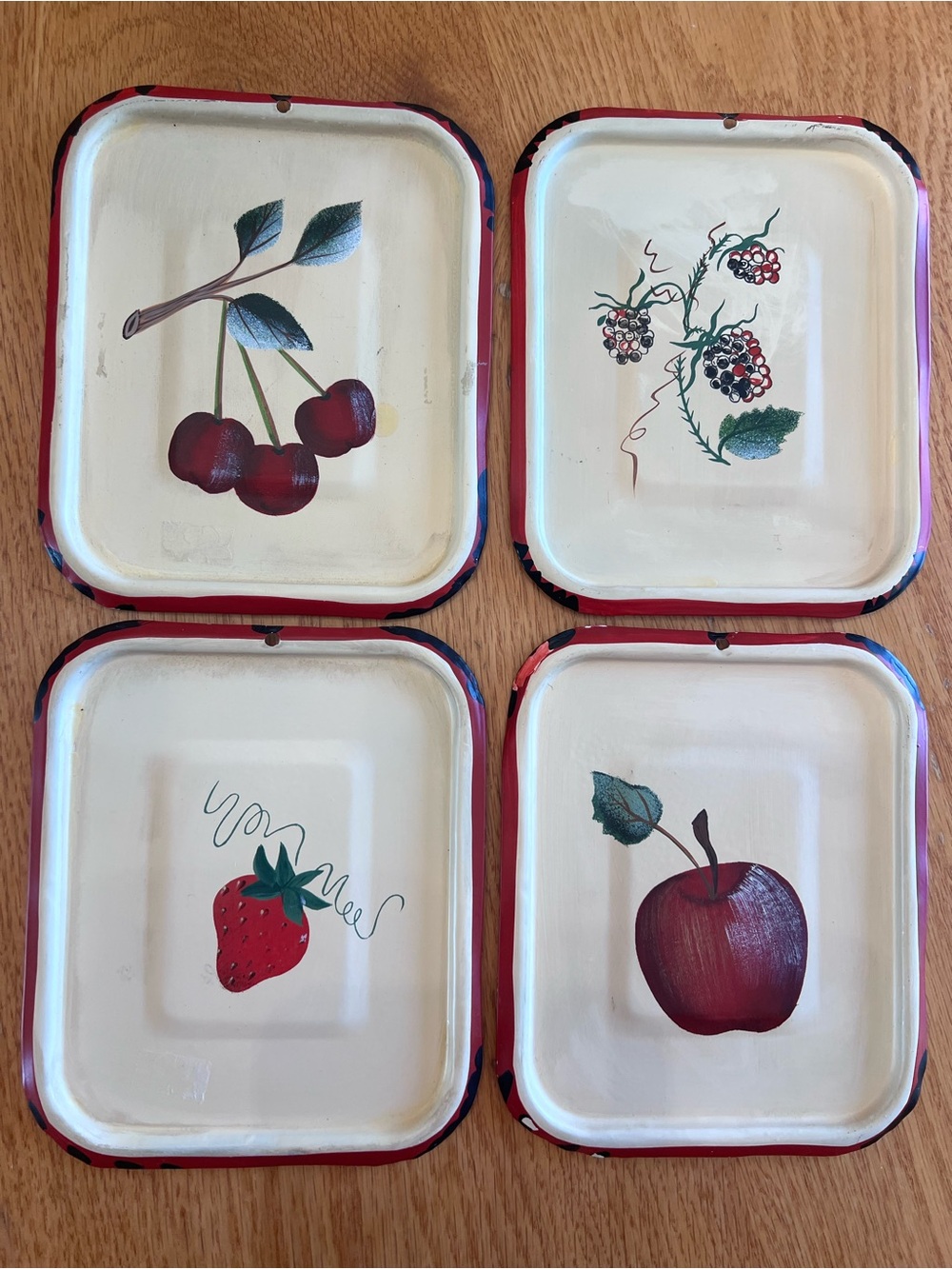 Vintage Set of 4 Fruit Tin Coasters/trays- Cherry, Strawberry, Apple, Berry